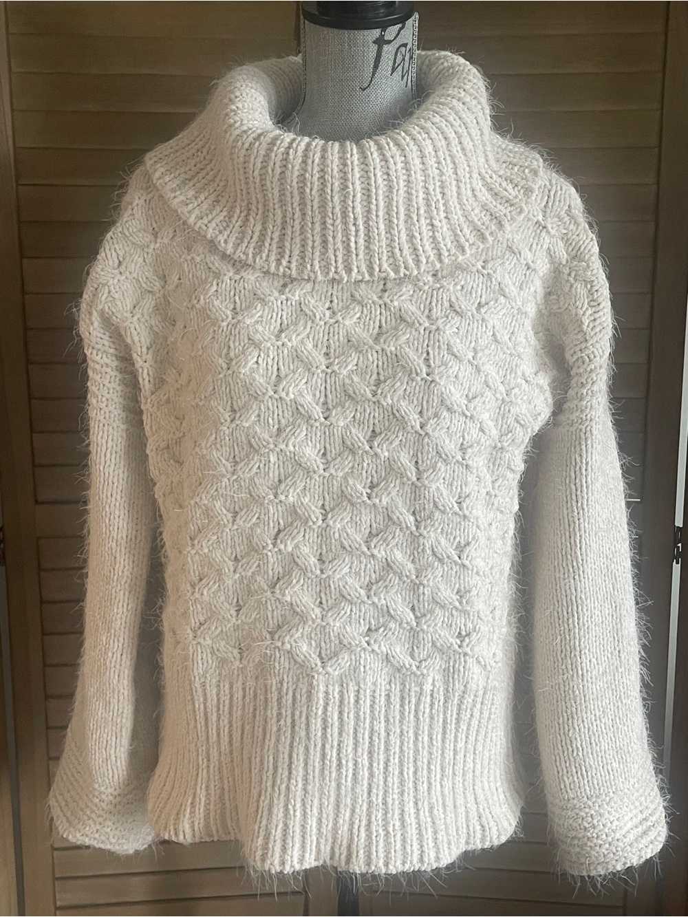 Anthropologie Sleeping On Snow Chunky Lattice Knit Cowl Sweater Ivory Small